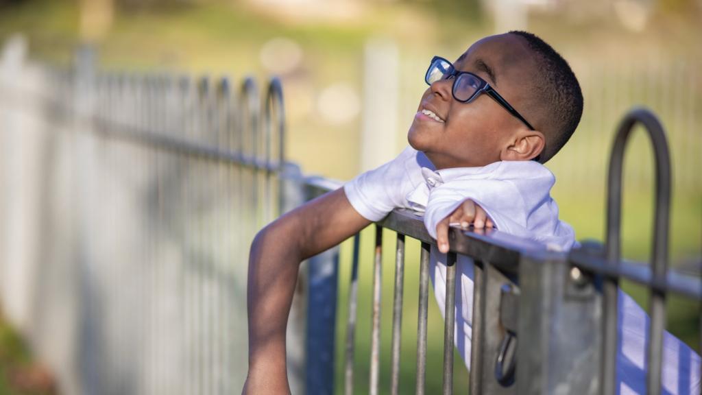boy leaning over fence