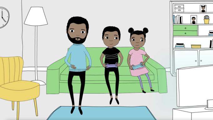 Cartoon of a father, son and daughter sit on a sofa on their phones